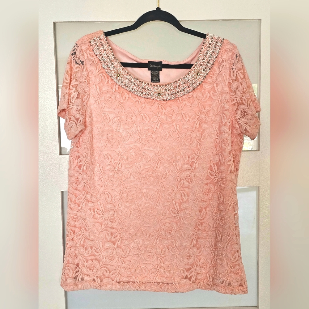 101. Blush Pink Lace Blouse with Beaded Neckline